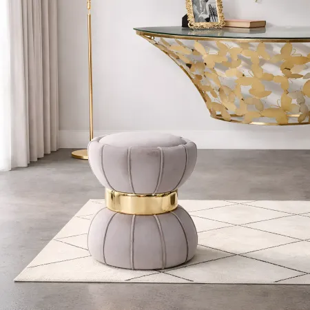 Pouf Imbottito in Velluto Grigio Oro da Soggiorno Camera da Letto