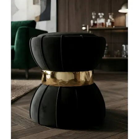 Pouf Imbottito in Velluto Nero Oro da Soggiorno Camera da Letto