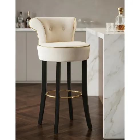 Sgabello da Bar Imbottito in Velluto Crema Oro Schienale Poggiapiedi