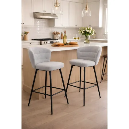 Set 2 Sgabelli da Bar Imbottiti Tessuto Grigio Struttura Metallo Nero