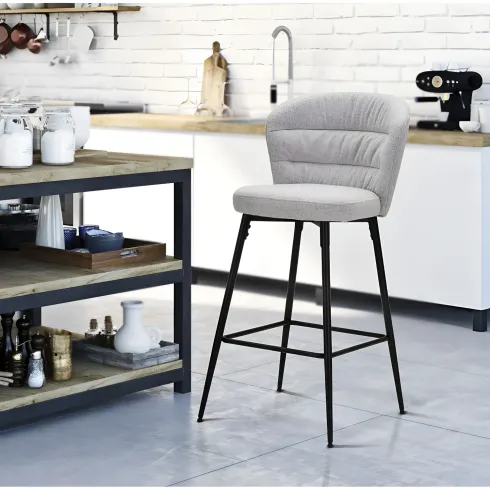 Set 2 Sgabelli da Bar Imbottiti Tessuto Grigio Struttura Metallo Nero