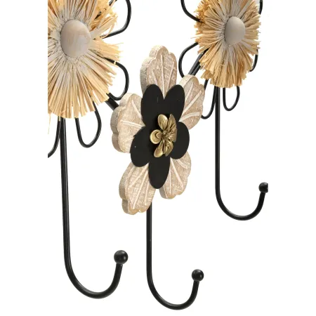 Appendiabiti da Parete 5 Ganci in Ferro Legno MDF Raffia per Ingresso