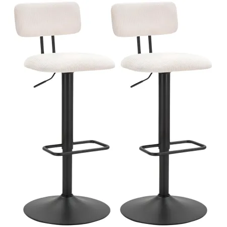 Set 2 Sgabelli da Bar Regolabili Metallo Nero Tessuto Imbottito Beige