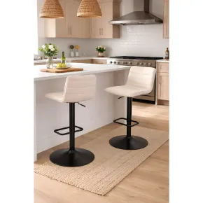 Set 2 Sgabelli Bar Regolabili Metallo Nero Tessuto Beige Poggiapiedi 2