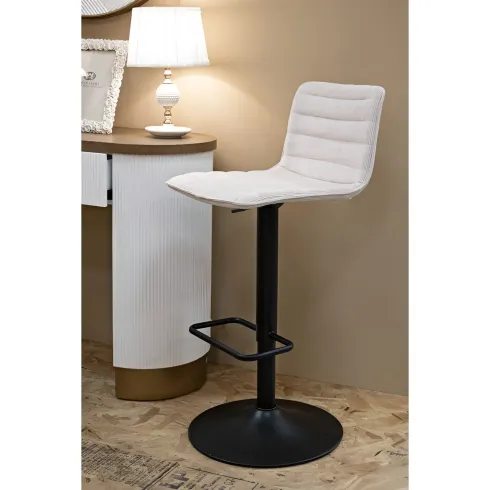 Set 2 Sgabelli Bar Regolabili Metallo Nero Tessuto Beige Poggiapiedi