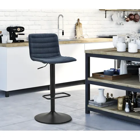 Set 2 Sgabelli Bar Regolabili Metallo Nero Tessuto Blu Poggiapiedi