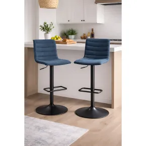 Set 2 Sgabelli Bar Regolabili Metallo Nero Tessuto Blu Poggiapiedi 2