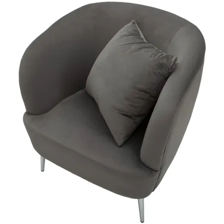 Poltrona Imbottita in Velluto Grigio con Cuscino Gambe in Metallo