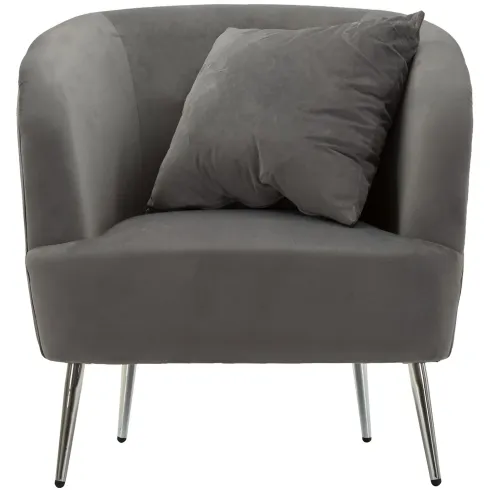 Poltrona Imbottita in Velluto Grigio con Cuscino Gambe in Metallo
