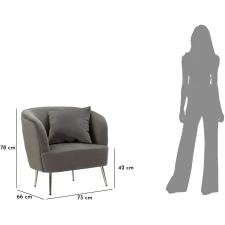 Poltrona Imbottita in Velluto Grigio con Cuscino Gambe in Metallo