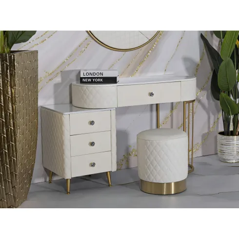 Pouf Imbottito Similpelle Trapuntata Bianco Oro Salotto Camera da Letto