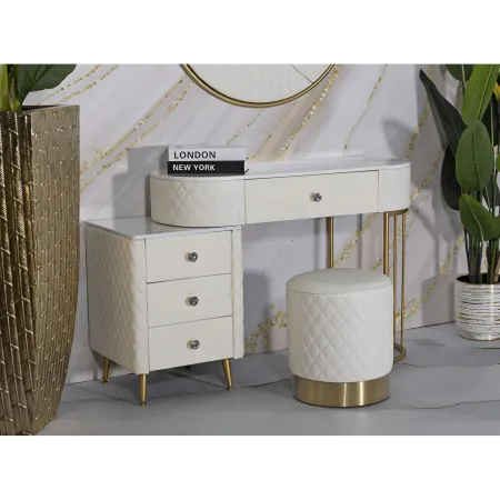 Pouf Imbottito Similpelle Trapuntata Bianco Oro Salotto Camera da Letto
