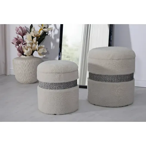 Set 2 Pouf Contenitori Imbottiti Crema Soffice Salotto Camera da Letto