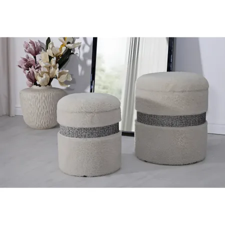 Set 2 Pouf Contenitori Imbottiti Crema Soffice Salotto Camera da Letto