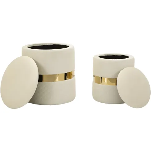 Set 2 Pouf Contenitori in Tessuto Crema Oro Salvaspazio Soggiorno