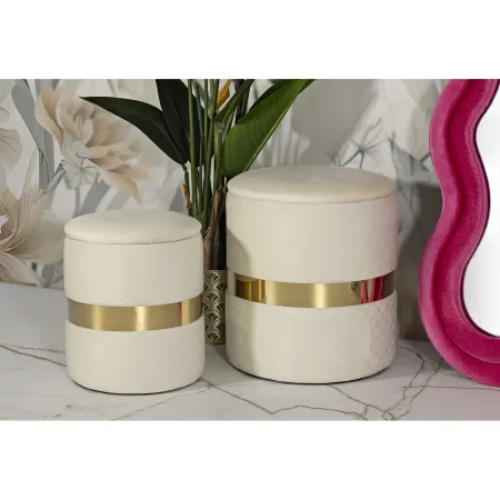 Set 2 Pouf Contenitori in Tessuto Crema Oro Salvaspazio Soggiorno