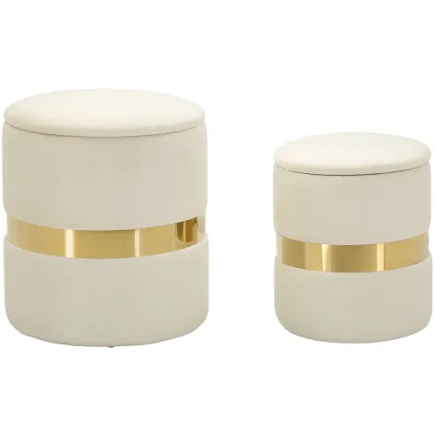 Set 2 Pouf Contenitori in Tessuto Crema Oro Salvaspazio Soggiorno
