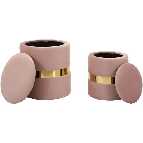Set 2 Pouf Contenitori in Tessuto Rosa Oro Salvaspazio Salotto Camera