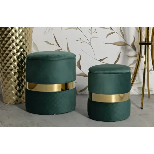 Set 2 Pouf Contenitori in Tessuto Verde Oro Salvaspazio Salotto Camera