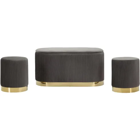 Set Panca Contenitore con 2 Pouf in Velluto Grigio Oro Camera Salotto