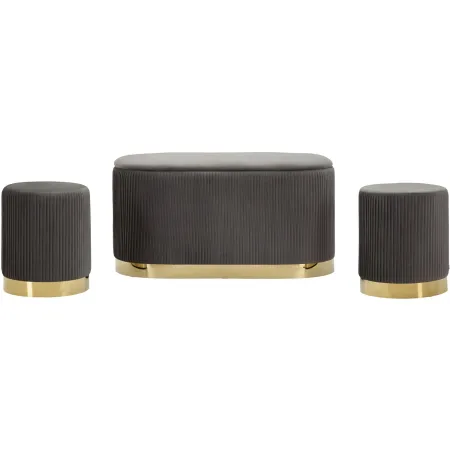 Set Panca Contenitore con 2 Pouf in Velluto Grigio Oro Camera Salotto