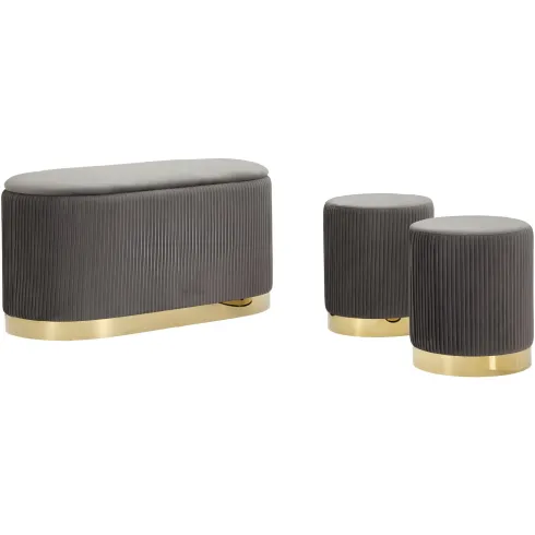 Set Panca Contenitore con 2 Pouf in Velluto Grigio Oro Camera Salotto