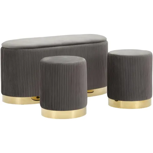 Set Panca Contenitore con 2 Pouf in Velluto Grigio Oro Camera Salotto
