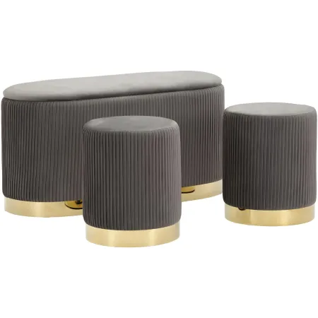 Set Panca Contenitore con 2 Pouf in Velluto Grigio Oro Camera Salotto