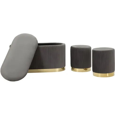 Set Panca Contenitore con 2 Pouf in Velluto Grigio Oro Camera Salotto