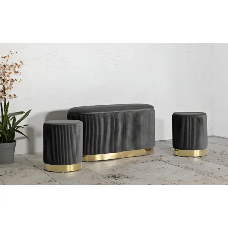 Set Panca Contenitore con 2 Pouf in Velluto Grigio Oro Camera Salotto