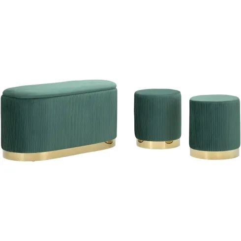 Set Panca Contenitore con 2 Pouf in Velluto Verde Oro Camera Salotto