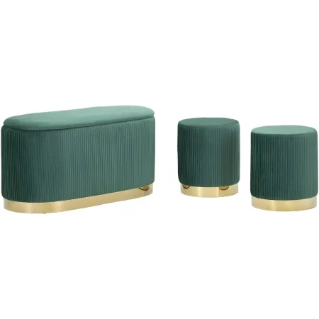 Set Panca Contenitore con 2 Pouf in Velluto Verde Oro Camera Salotto