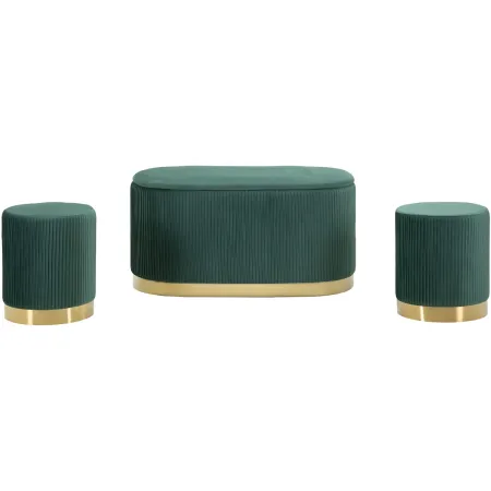 Set Panca Contenitore con 2 Pouf in Velluto Verde Oro Camera Salotto