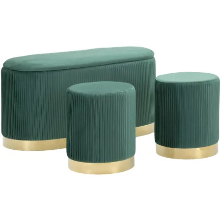 Set Panca Contenitore con 2 Pouf in Velluto Verde Oro Camera Salotto