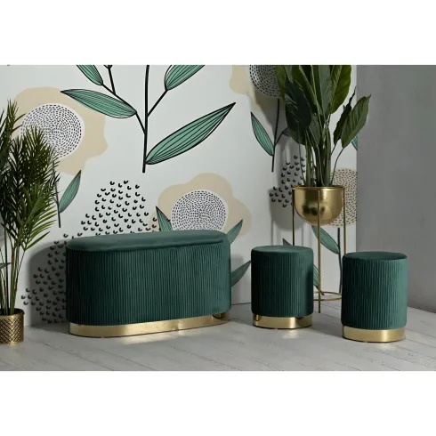Set Panca Contenitore con 2 Pouf in Velluto Verde Oro Camera Salotto