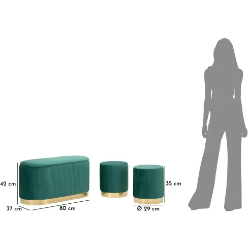 Set Panca Contenitore con 2 Pouf in Velluto Verde Oro Camera Salotto