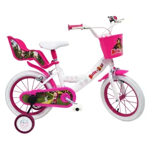 Bicicletta per Bambini 16" Masha e Orso Bianco con Portabambola Rotelle