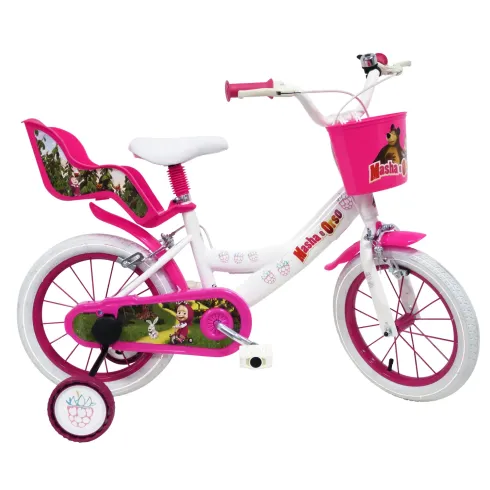 Bicicletta per Bambini 16" Masha e Orso Bianco con Portabambola Rotelle