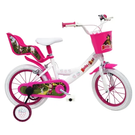 Bicicletta per Bambini 16" Masha e Orso Bianco con Portabambola Rotelle