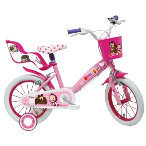 Bicicletta per Bambini 14" Masha e Orso Bianco con Portabambola Rotelle