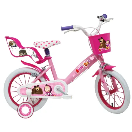 Bicicletta per Bambini 14" Masha e Orso Bianco con Portabambola Rotelle
