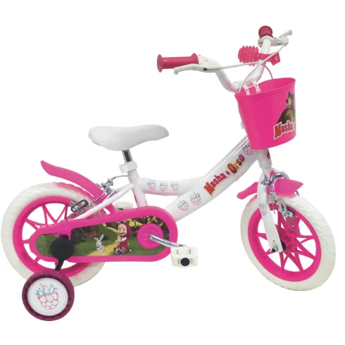 Bicicletta per Bambini 12" Masha e Orso Bianco con Portabambola Rotelle