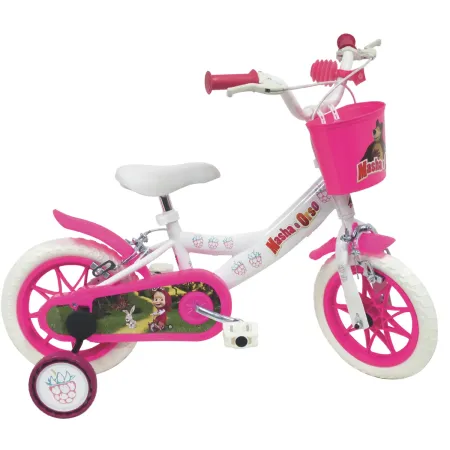 Bicicletta per Bambini 12" Masha e Orso Bianco con Portabambola Rotelle