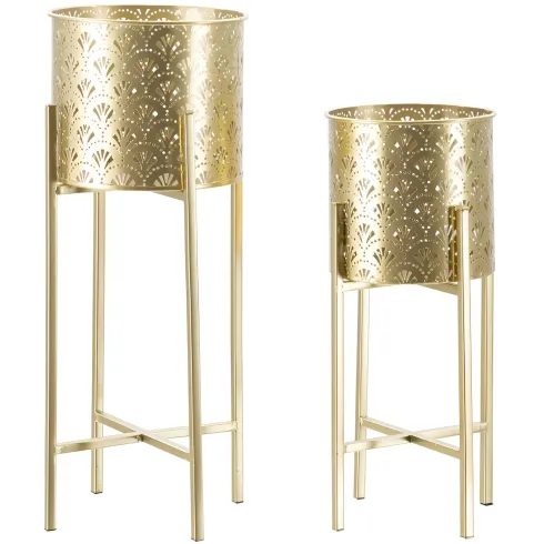 Set 2 Colonne Portavaso da Pavimento Metallo Oro Cestelli Removibili