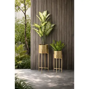Set 2 Colonne Portavaso da Pavimento Metallo Oro Cestelli Removibili 2