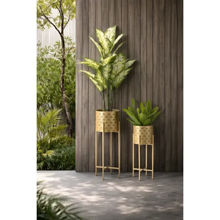 Set 2 Colonne Portavaso da Pavimento Metallo Oro Cestelli Removibili