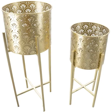 Set 2 Colonne Portavaso da Pavimento Metallo Oro Cestelli Removibili