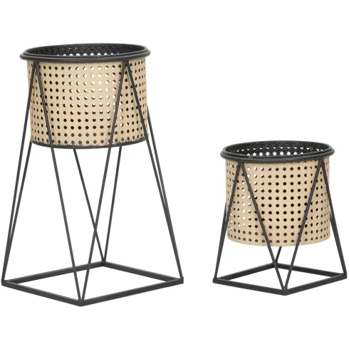 Set 2 Portavasi da Pavimento Metallo Beige Nero Piedistallo Removibile