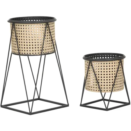 Set 2 Portavasi da Pavimento Metallo Beige Nero Piedistallo Removibile