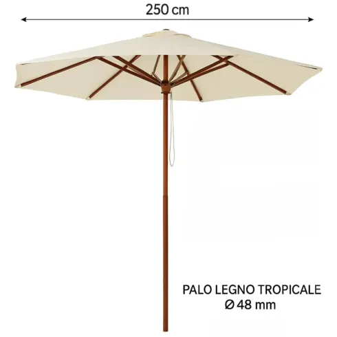 Ombrellone da Giardino Ø250 cm Legno Ecrù Palo 48 mm Professionale